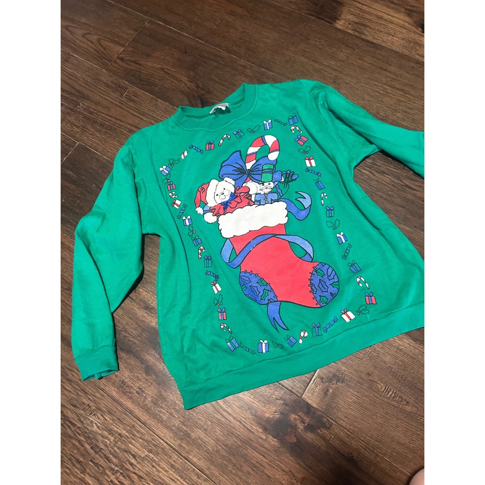 Vintage Andover Christmas Stocking Teddy Bear Green Sweatshirt Womens M-L